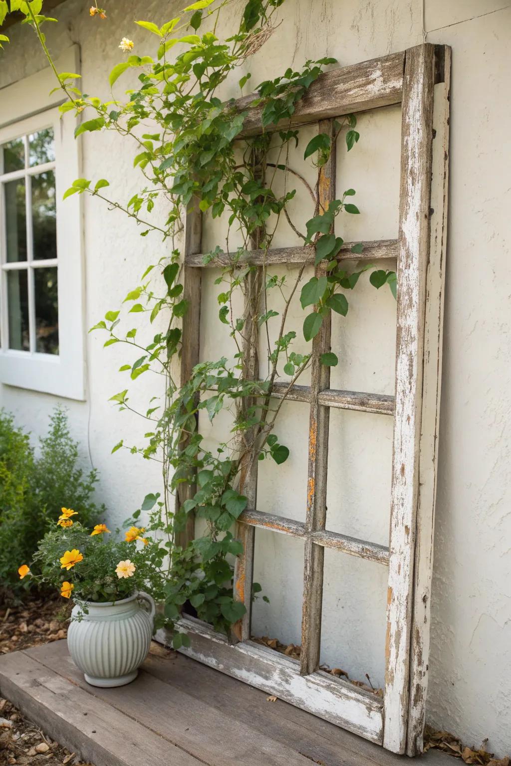 Transform vintage charm into garden art with a window frame trellis.