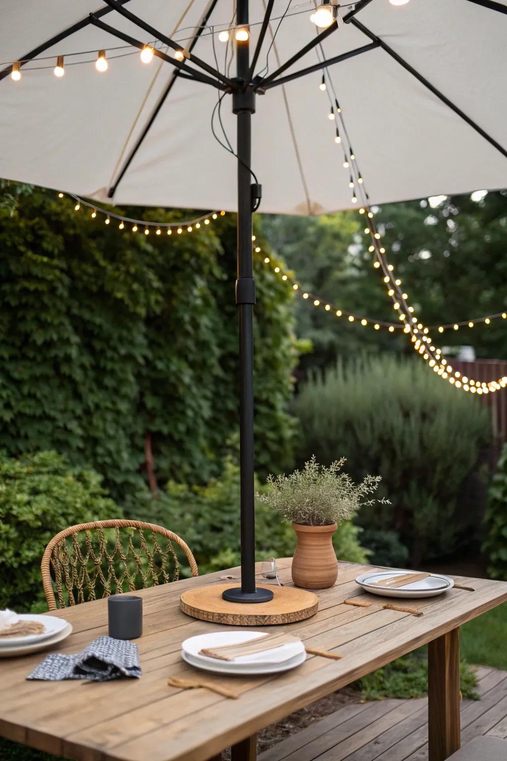 Transform your outdoor dining experience with enchanting string lights through an umbrella hole.