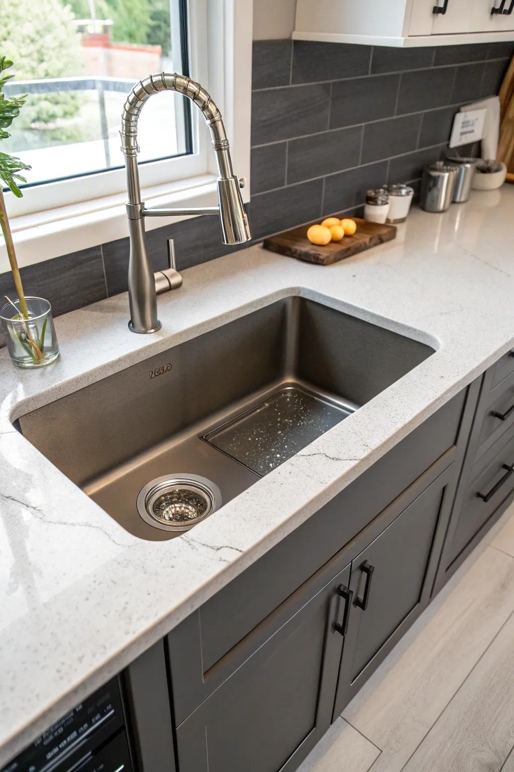 An undermount sink with a rear set drain, optimizing kitchen space.