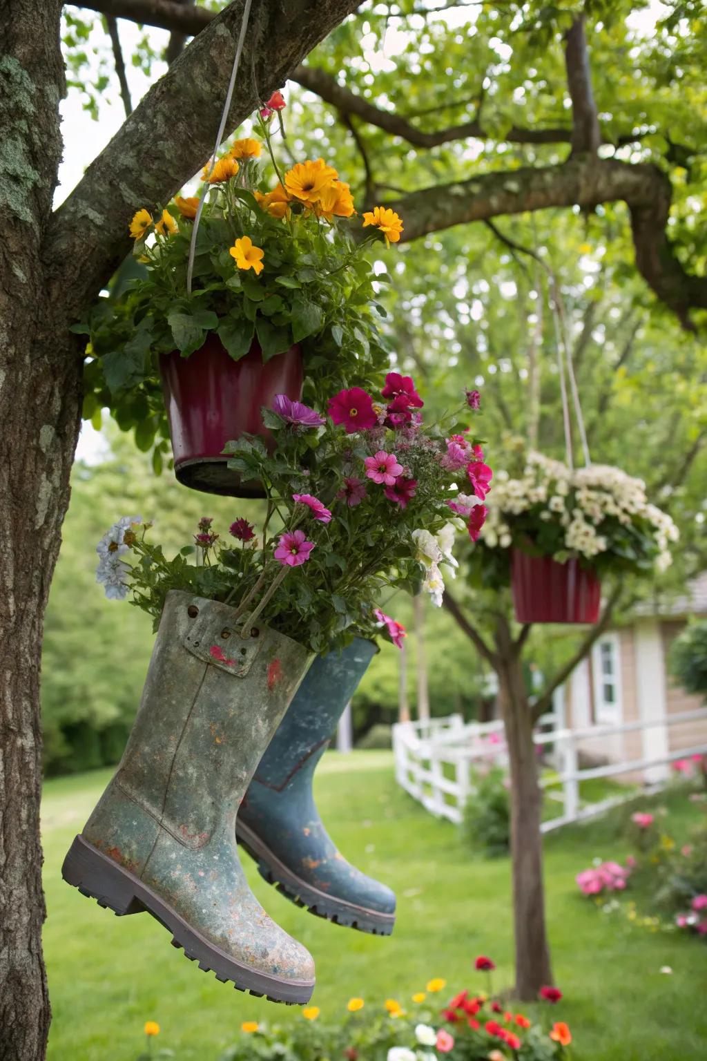 Rubber boots add a playful touch to your hanging garden.