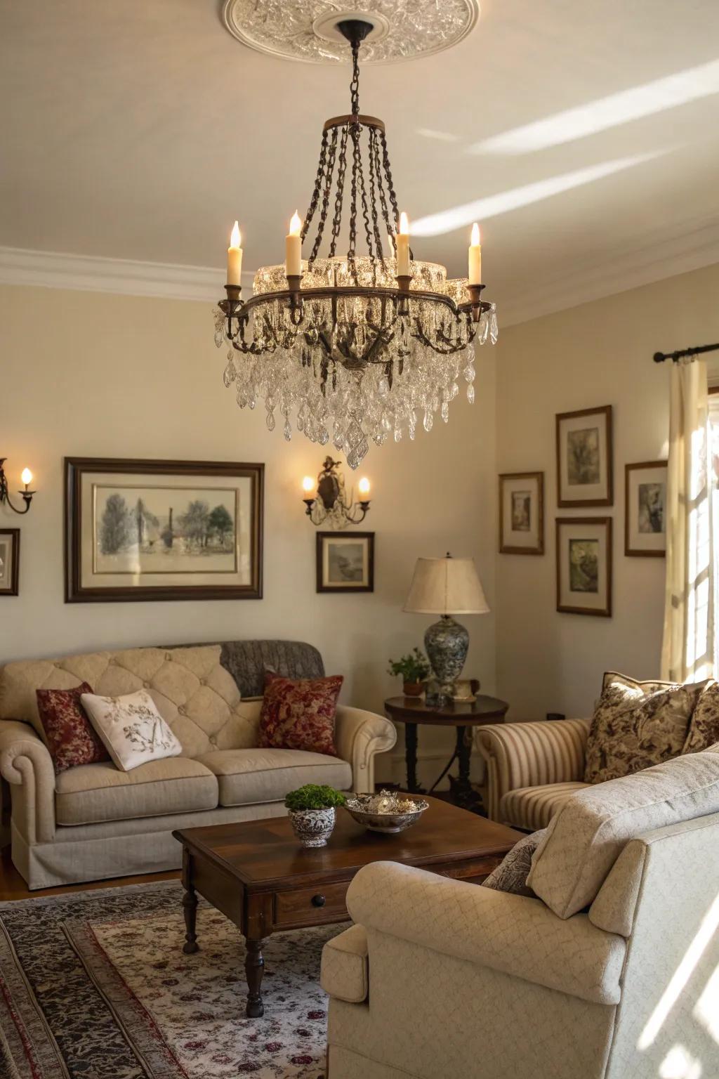 A vintage chandelier adds unique flair and character to the space.