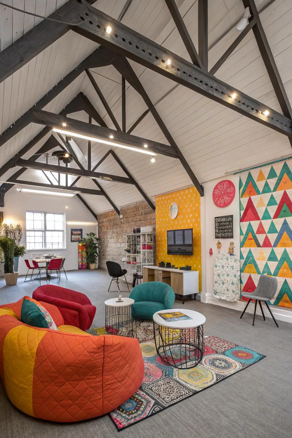 Playful designs with structured beams on a vaulted ceiling.