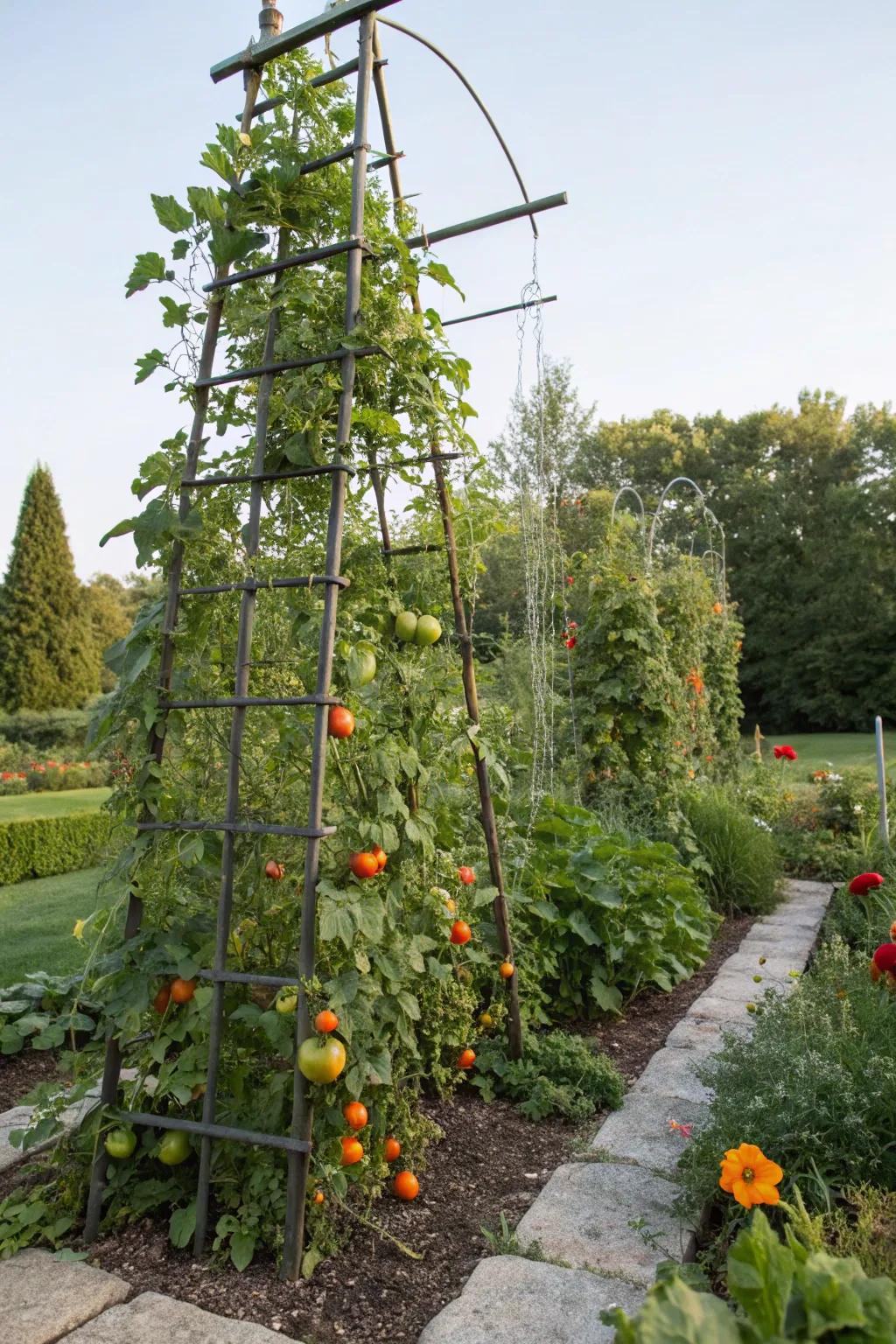 Cattle panel trellises offer durability and support.