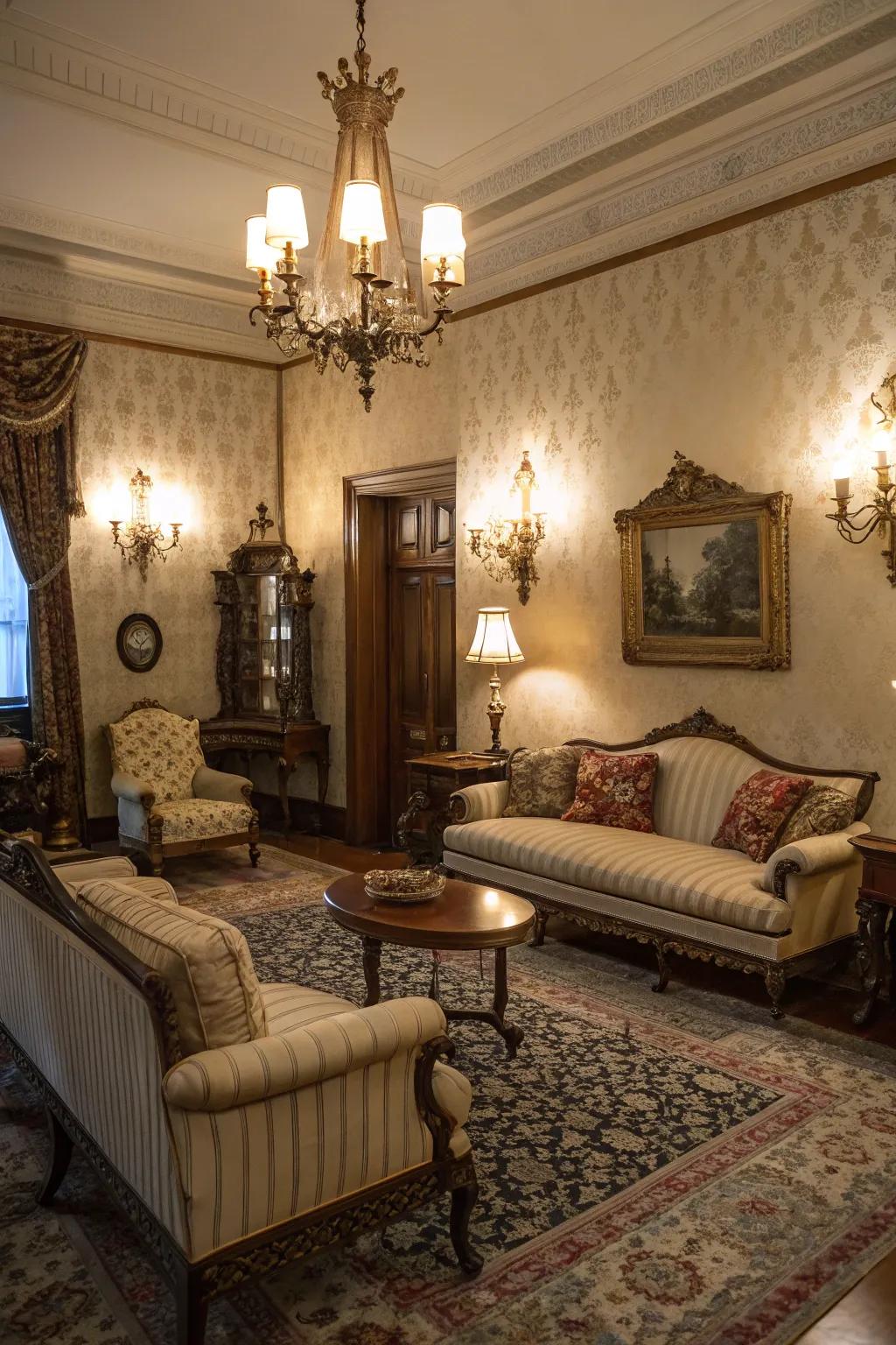 Ornate wall sconces provide soft, ambient lighting in the living room.