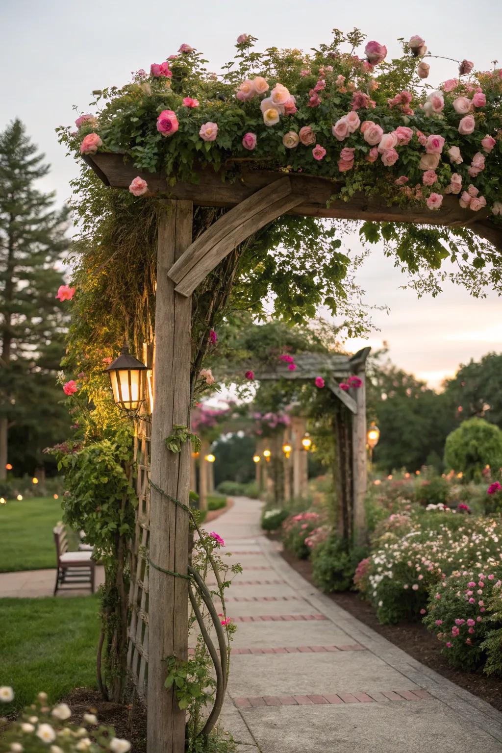 Botanical-laden arches fashion a dreamy, romantic garden ambiance.