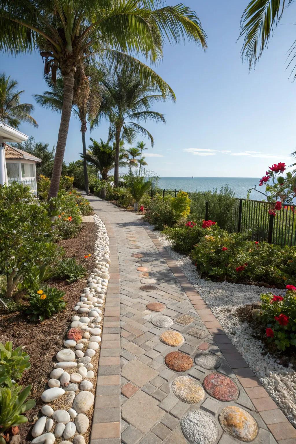A beachy walkway featuring shellstone pavers that evoke a coastal ambiance.