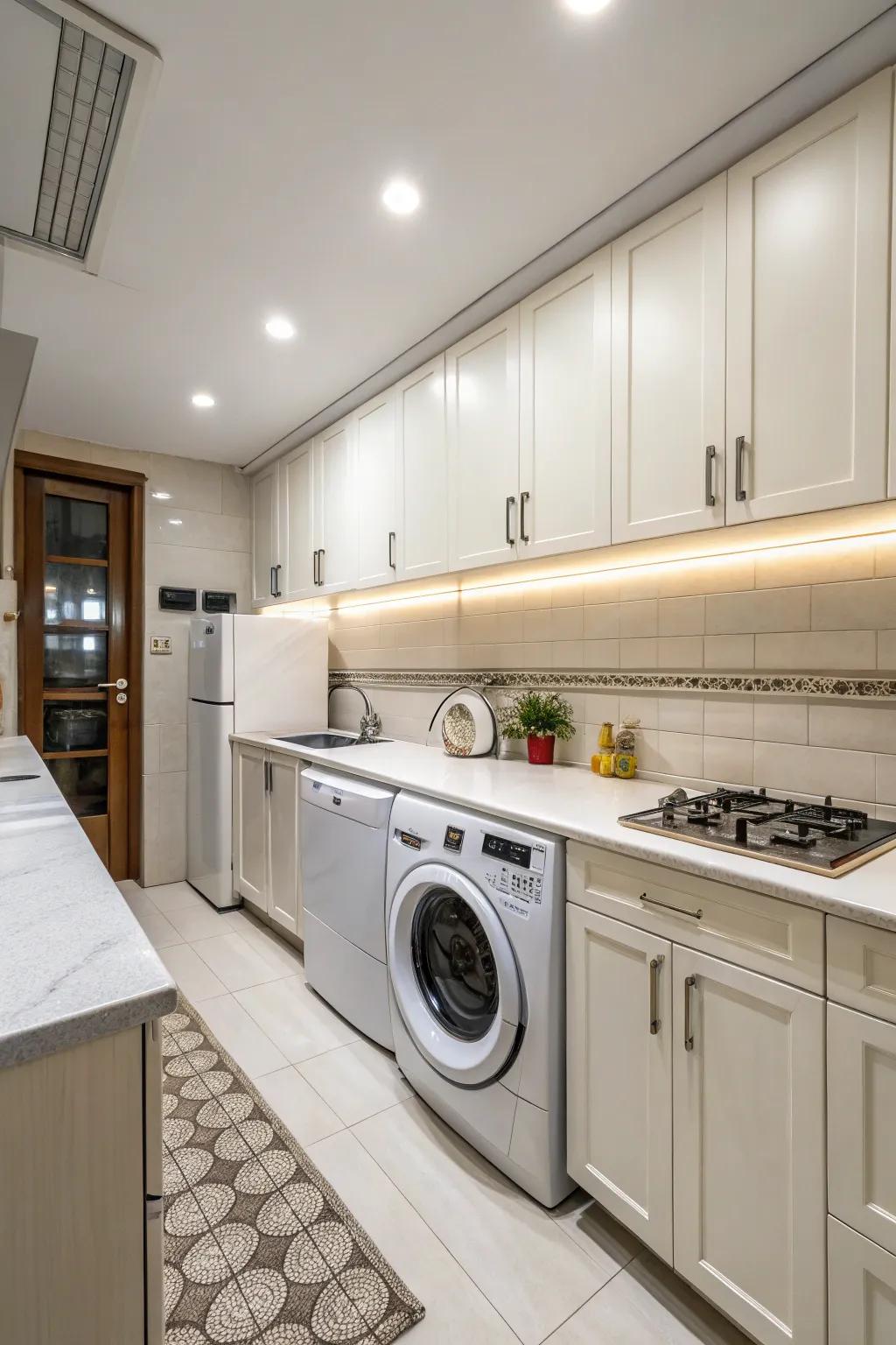 A functional work triangle includes a washer and dryer for seamless workflow.