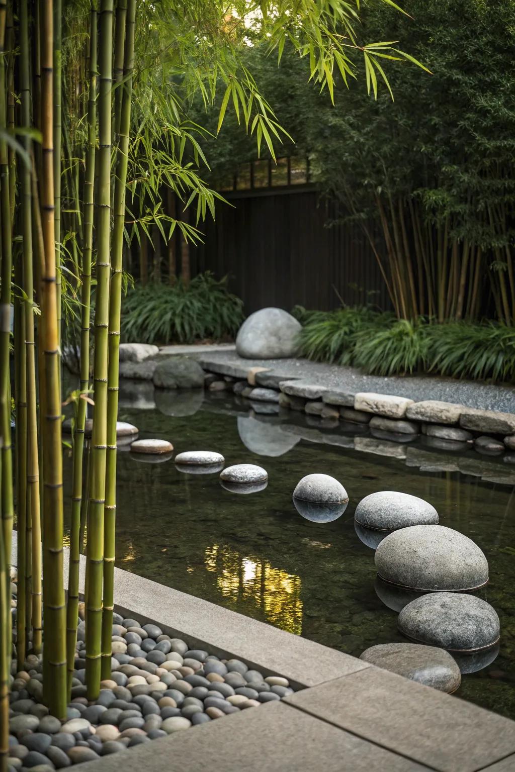 Zen elements develop a peaceful garden retreat.