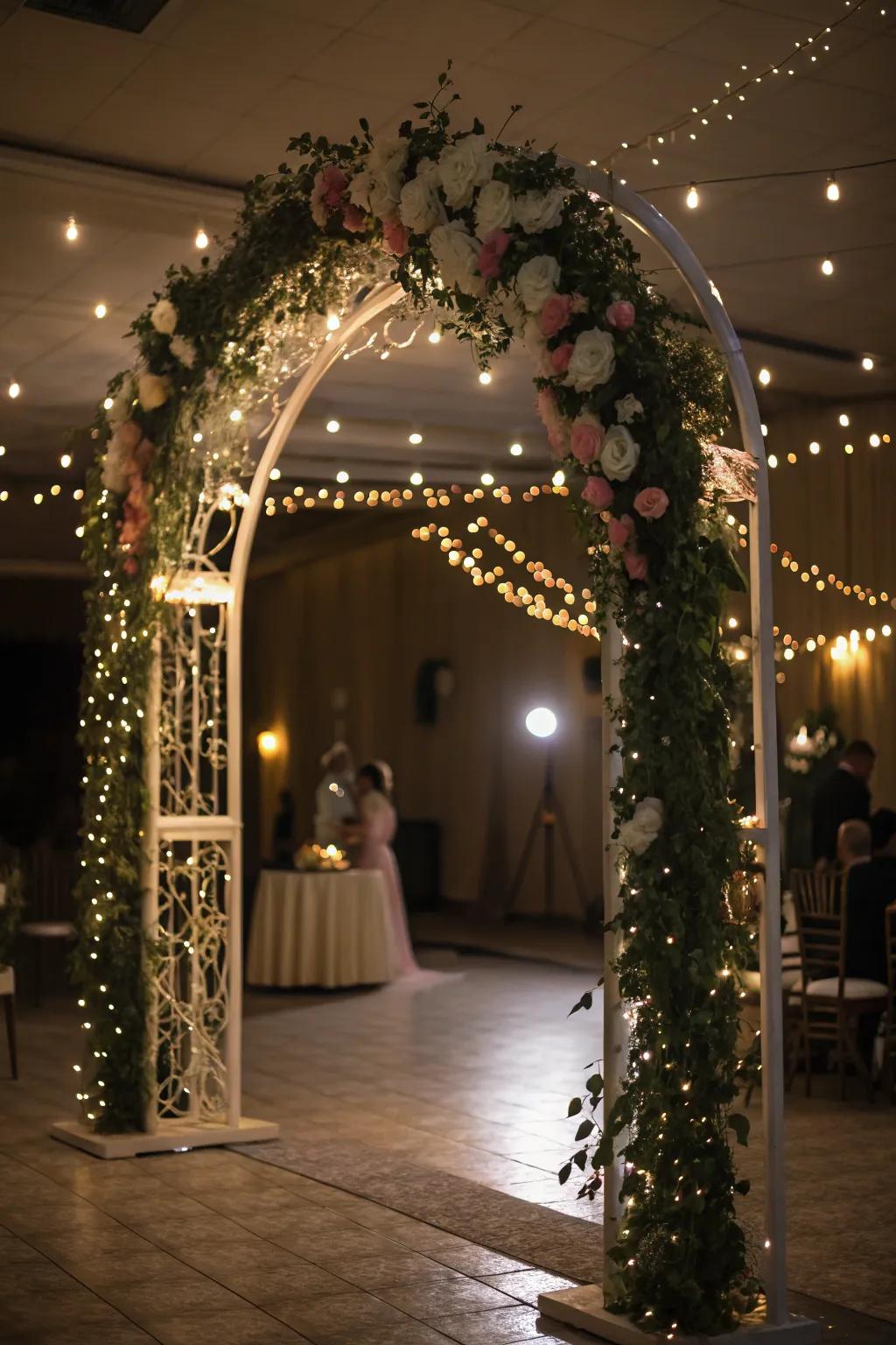 Twinkling fairy lights add an ethereal touch to a wedding arch.