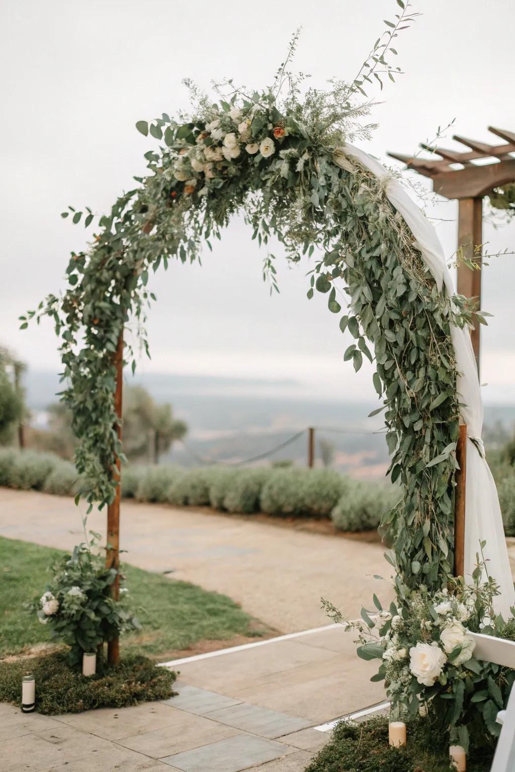 A lush eucalyptus arch that introduces class to any garden wedding.