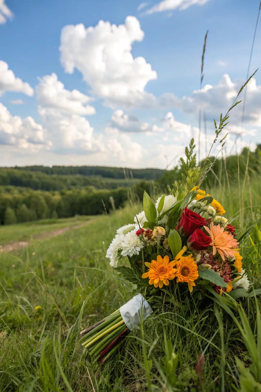 An arrangement showcasing seasonal blooms in a natural setting.