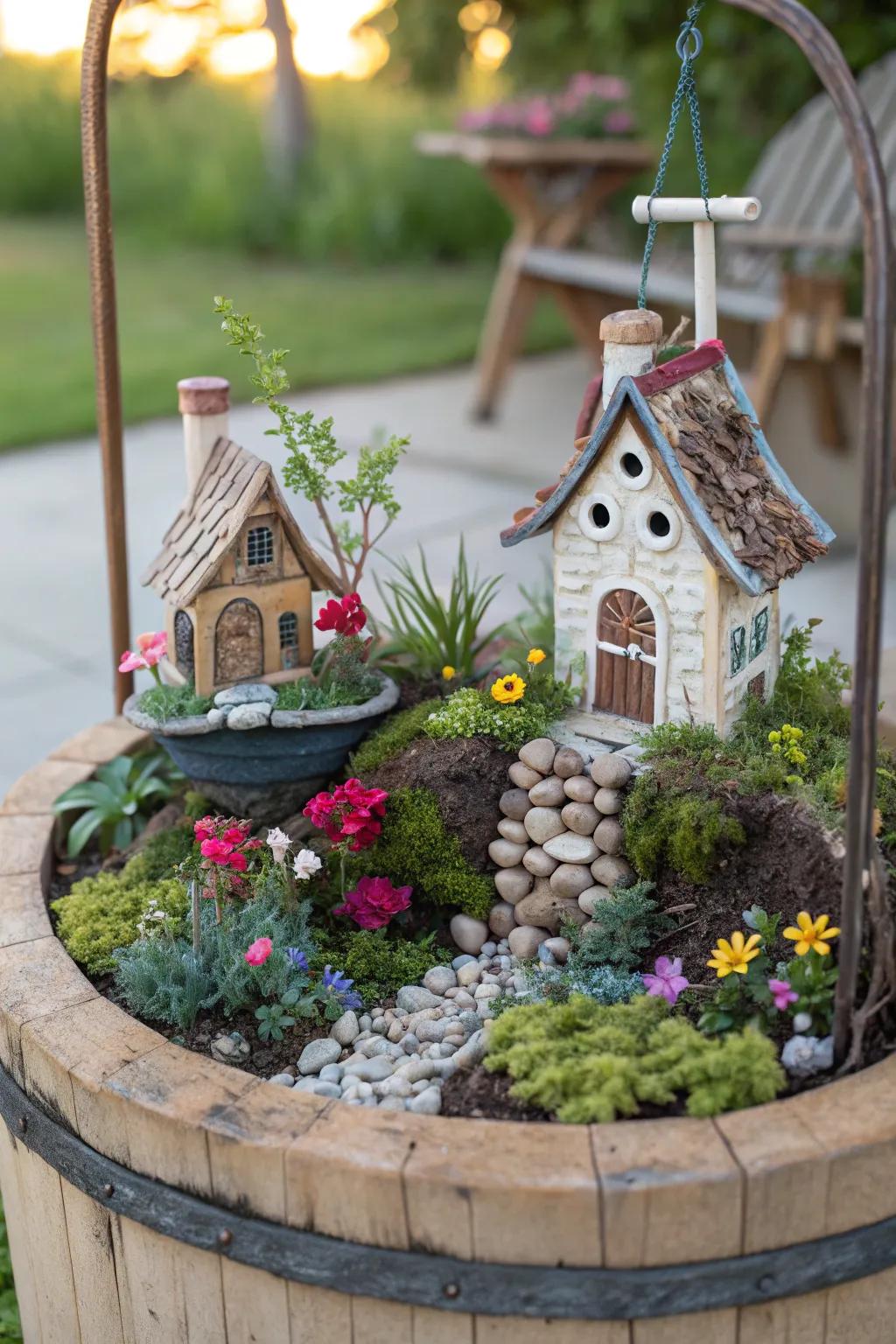 A fairy garden adds a whimsical touch to this well cover.