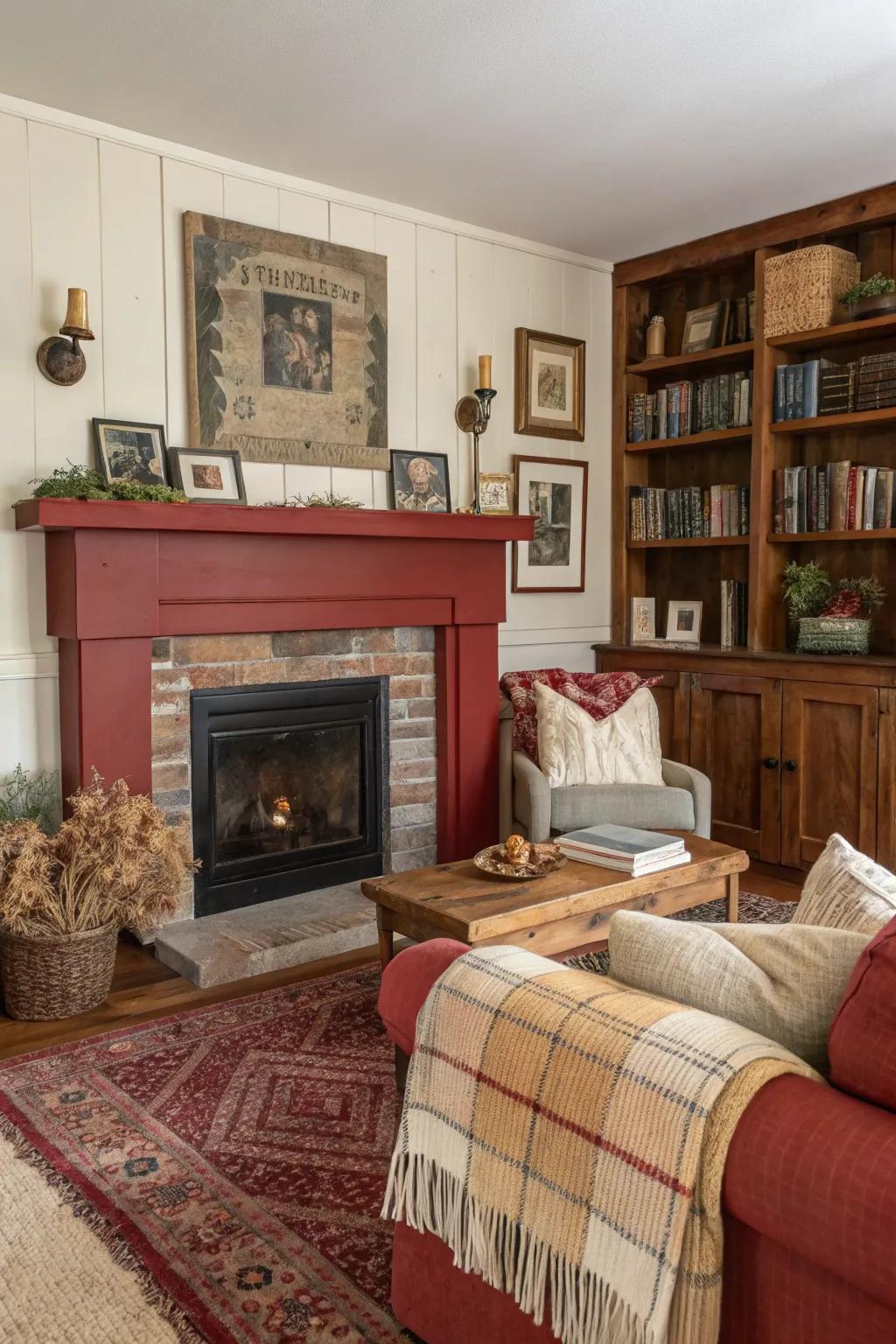 A barn red fireplace adds rustic charm to this cozy farmhouse-inspired room.