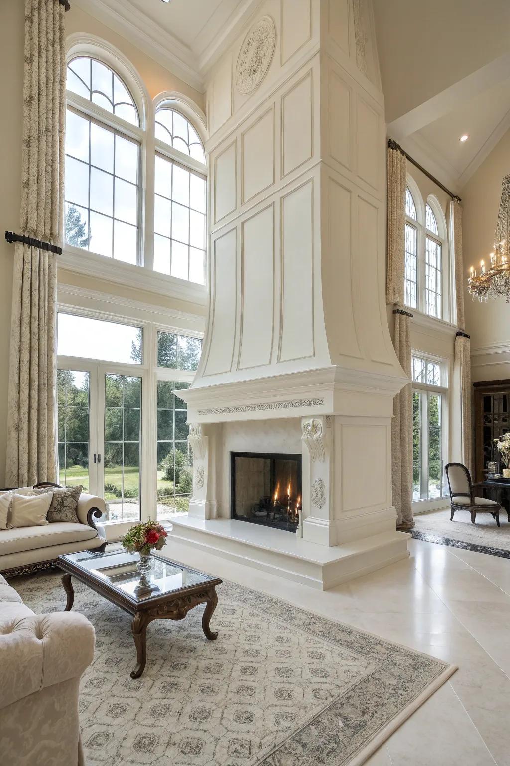 A full-height white firebox injects grandeur into any room.