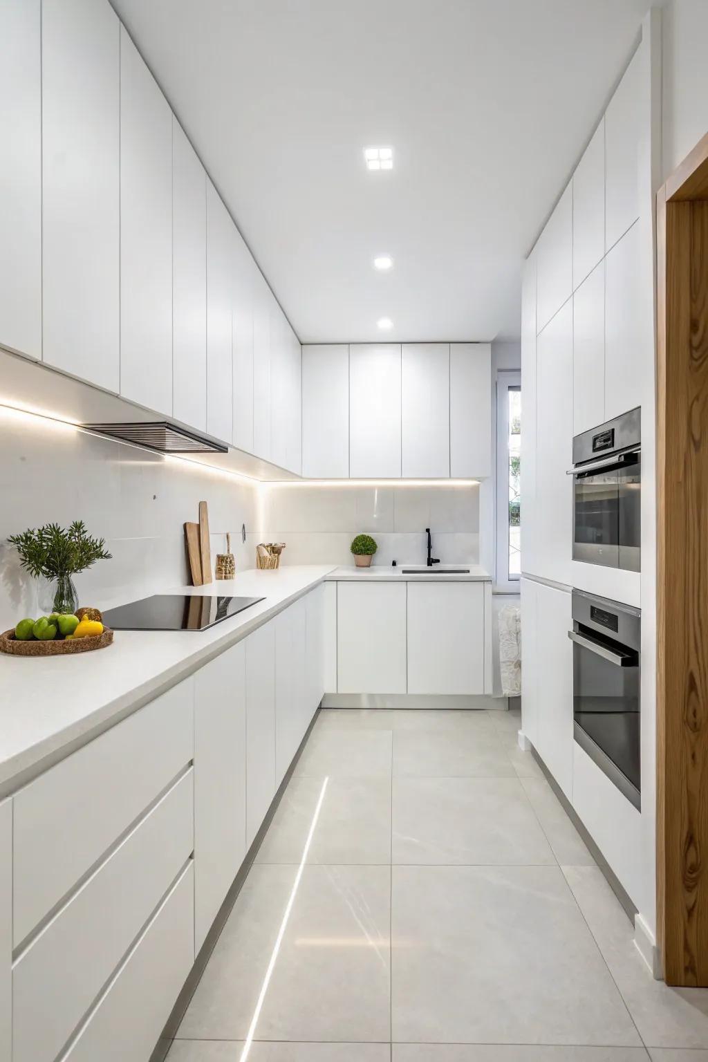 A pared-down aesthetic fosters a serene, zen-like ambiance in the white kitchen.