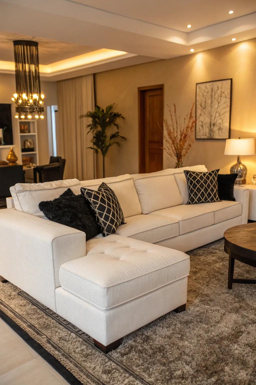 A black spark adds sophistication to a living room featuring a white sectional.
