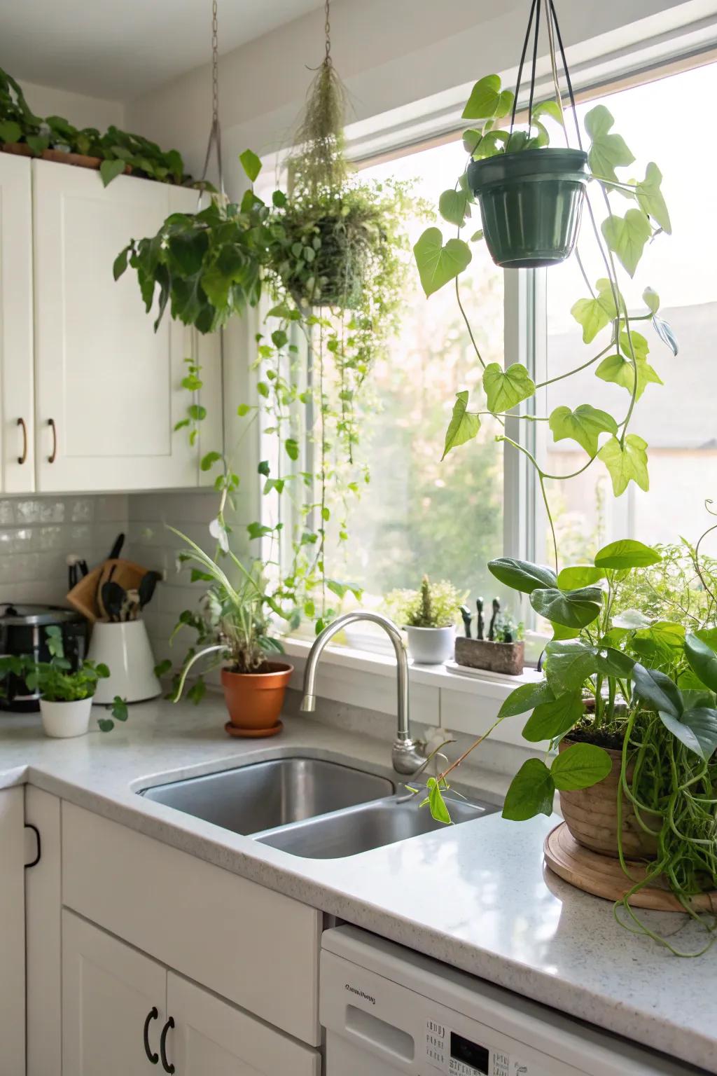 Plants can enliven and refresh a windowless kitchen, making it feel more vibrant and welcoming.