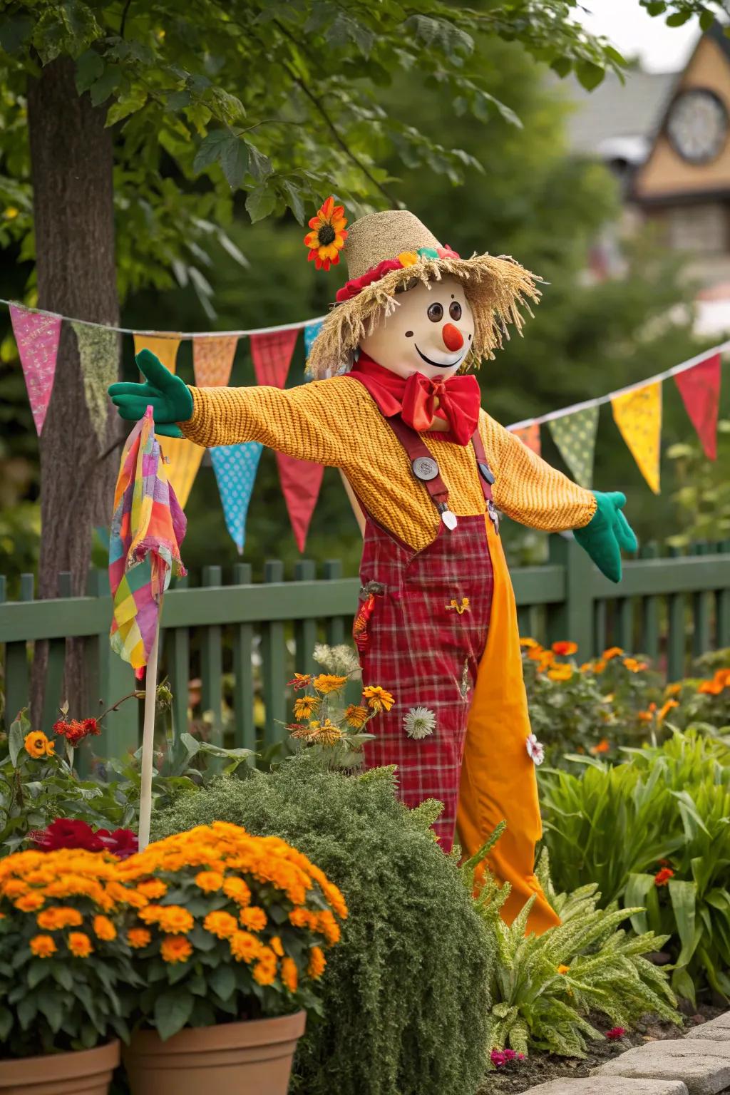A carnival amusement scarecrow celebrating communal spirit, spreading happiness and cheer.