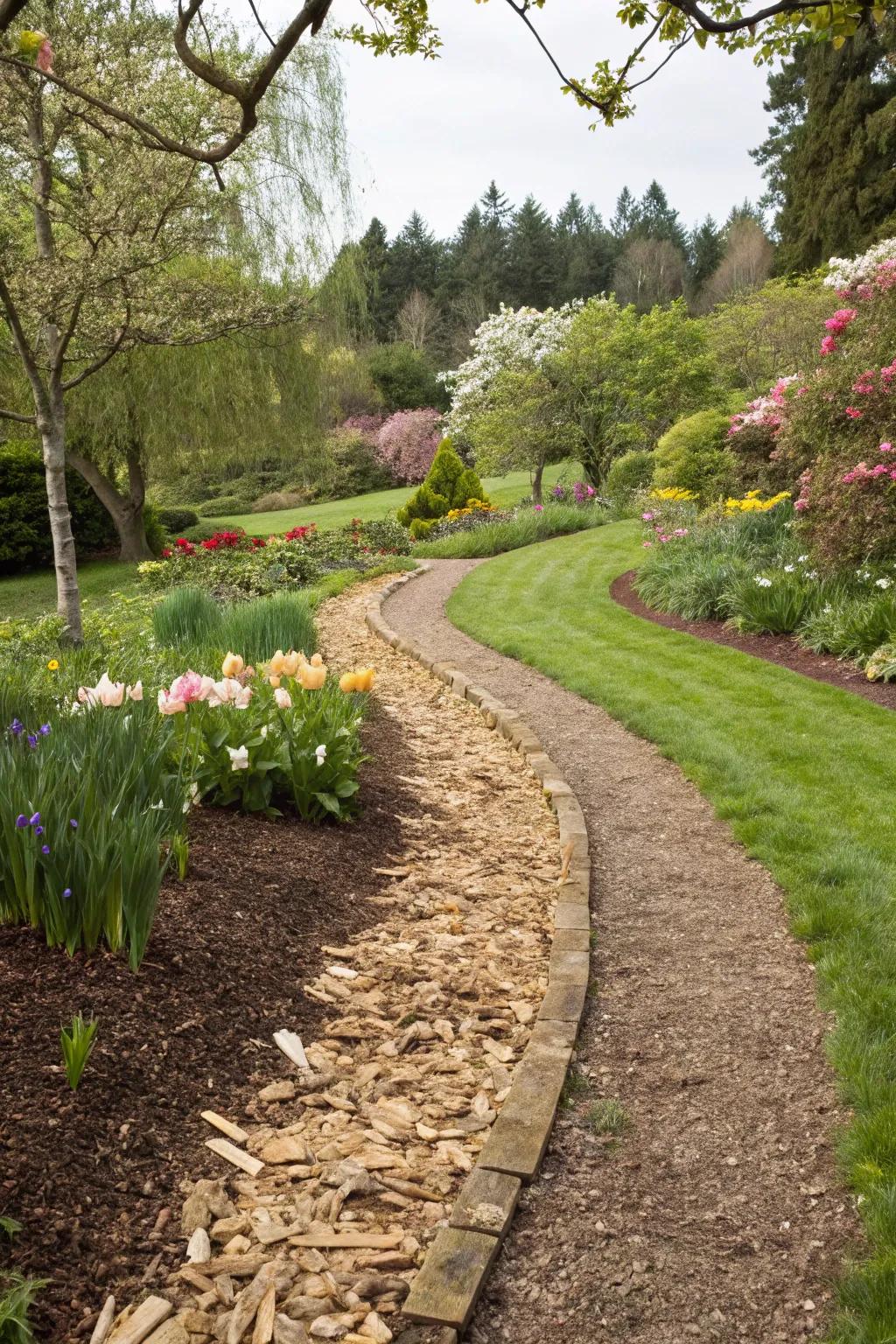 Wood chips provide a natural and rustic edging for garden pathways.