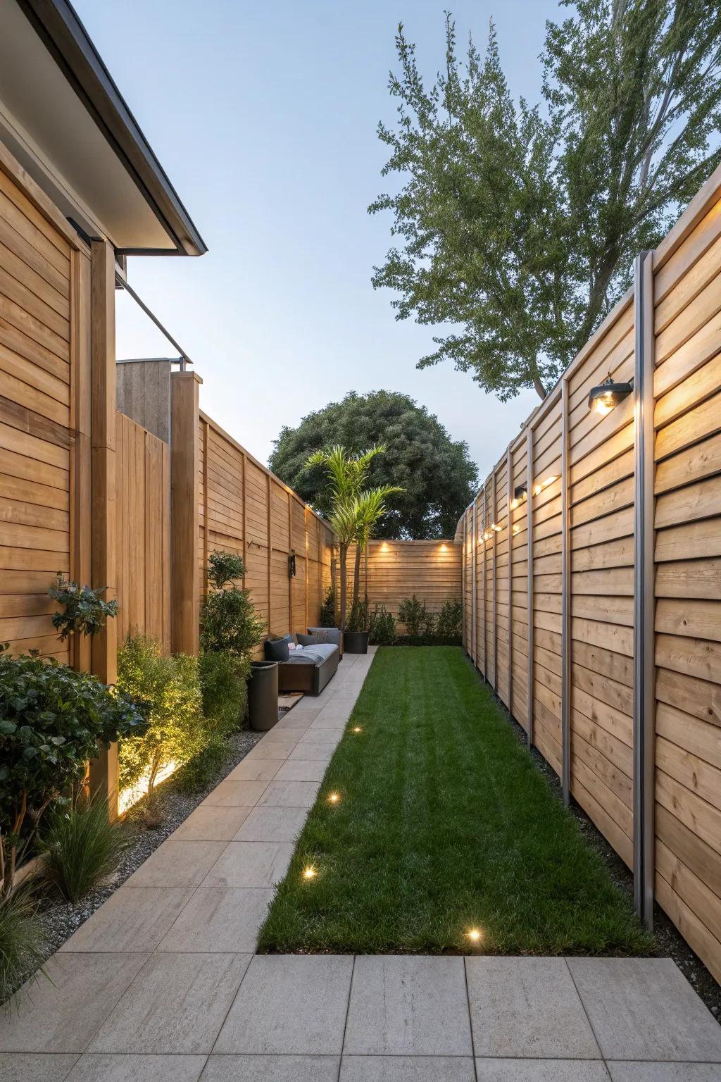 Tall timber boards fashion serene, private retreats in urban settings.