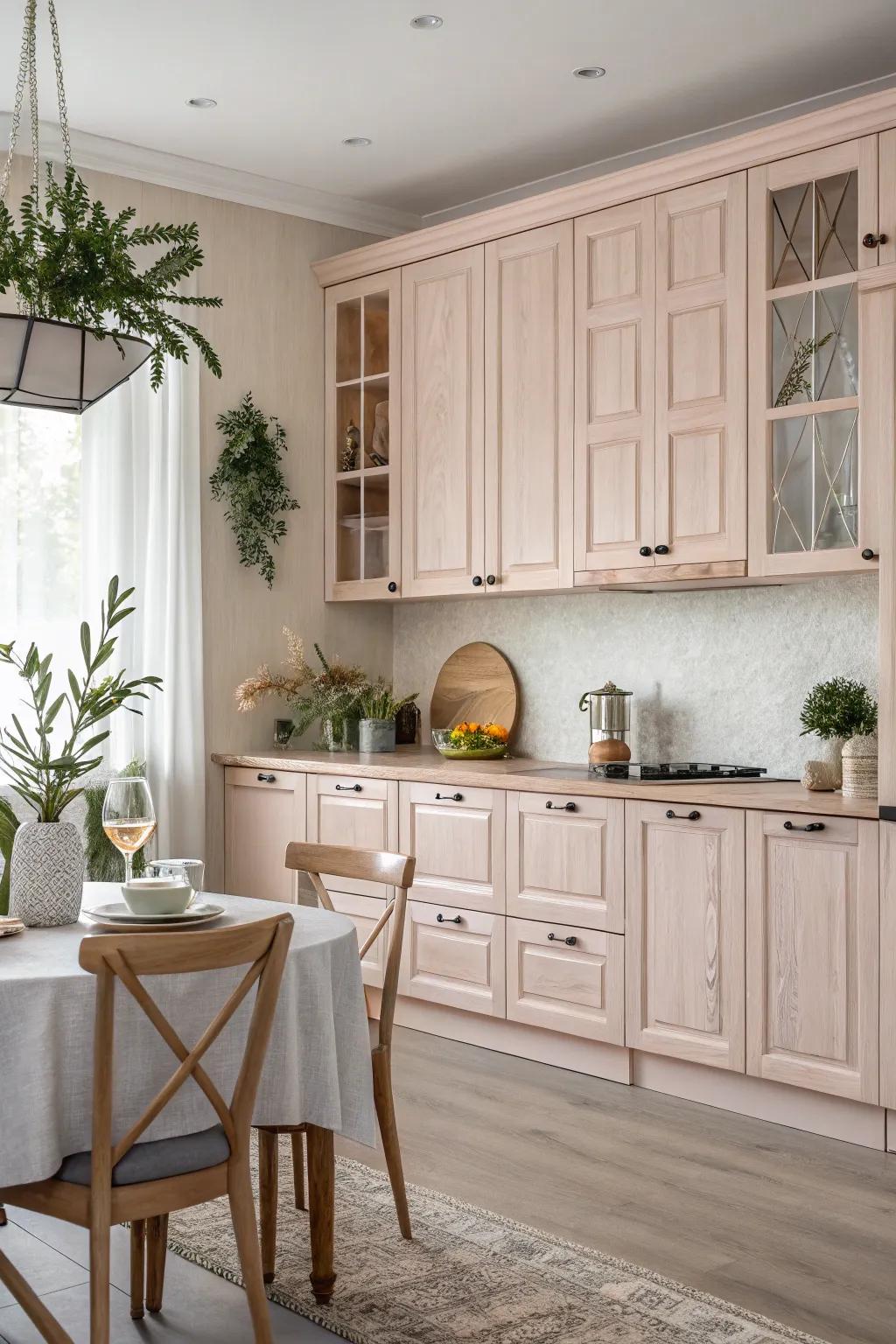 Pastel wash adds a soft touch of color to wood cabinets.