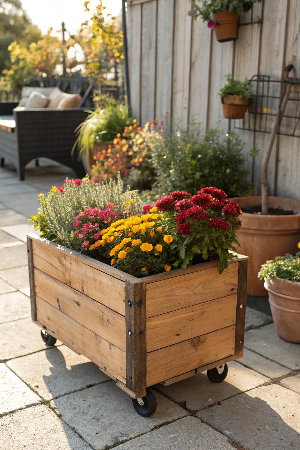 Move your plants with ease using a portable planter box.