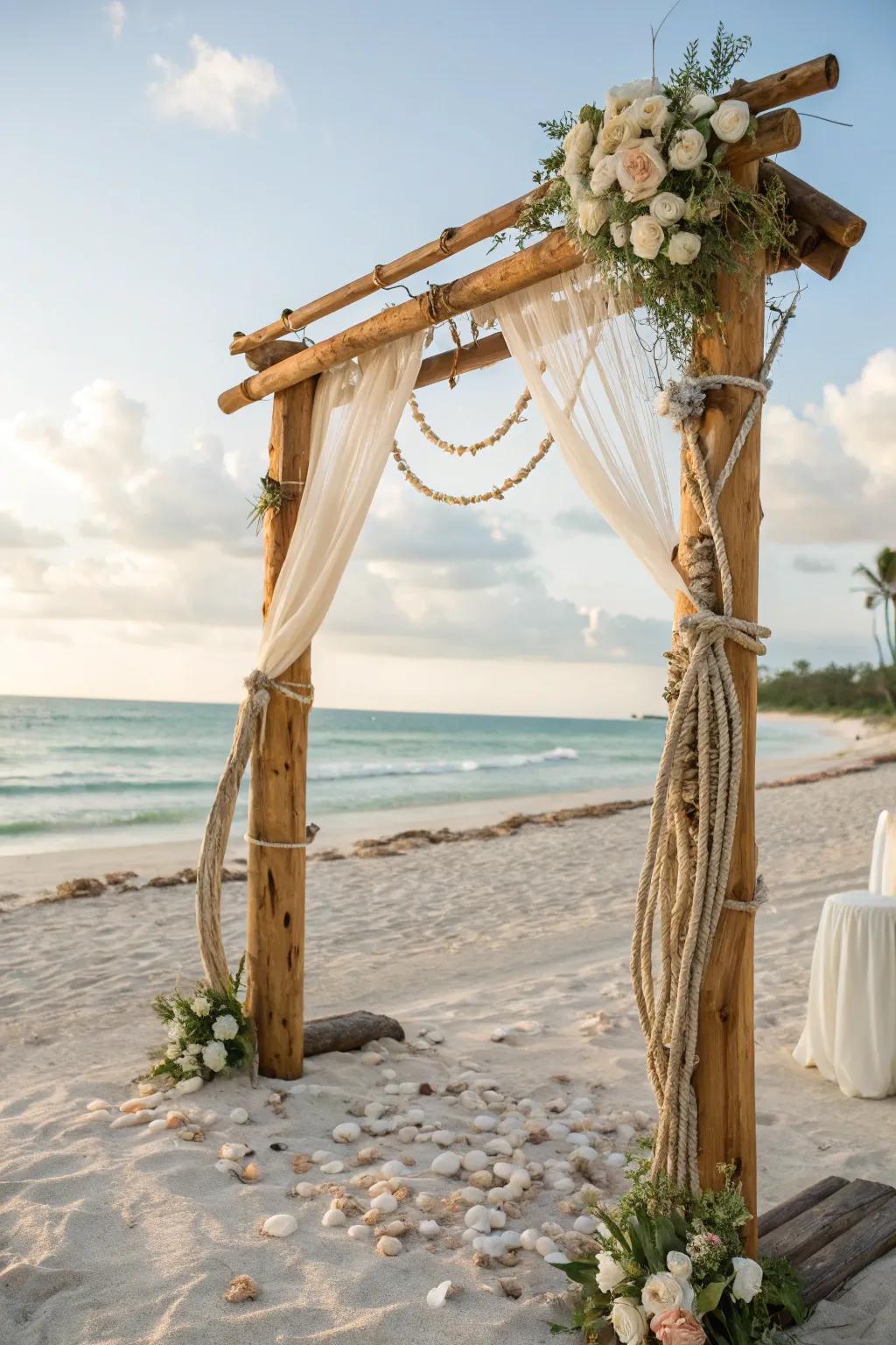 Adopting nautical elements transforms your arch, making it the quintessential centerpiece for a seaside wedding.