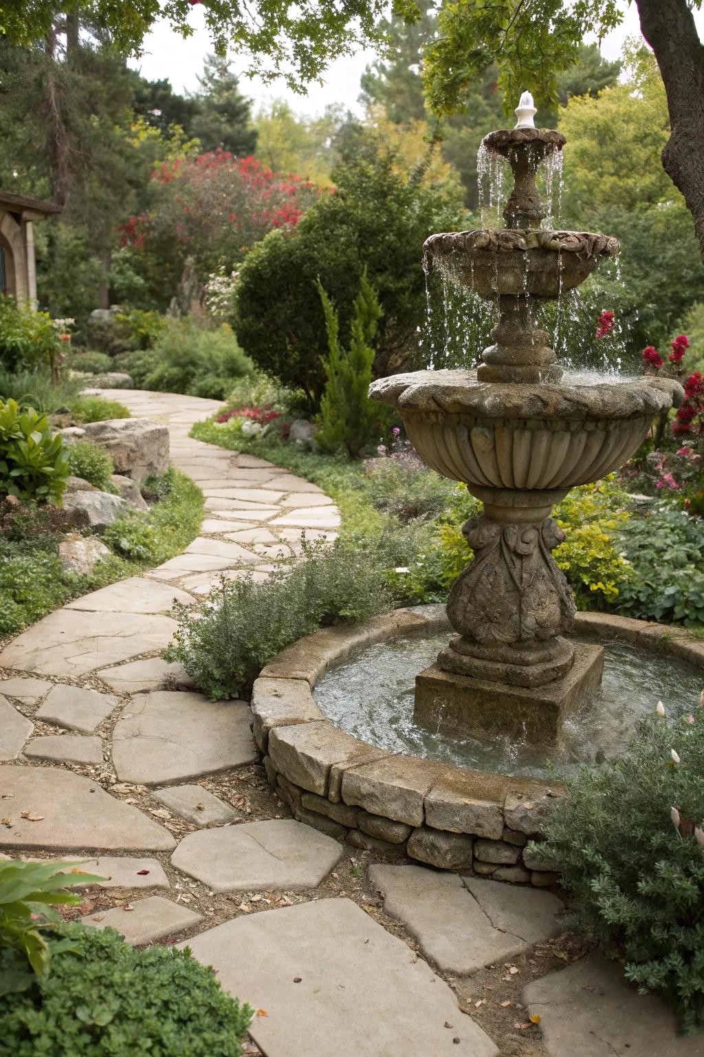 A sculptured stone fountain beautifully blending into the garden landscape.