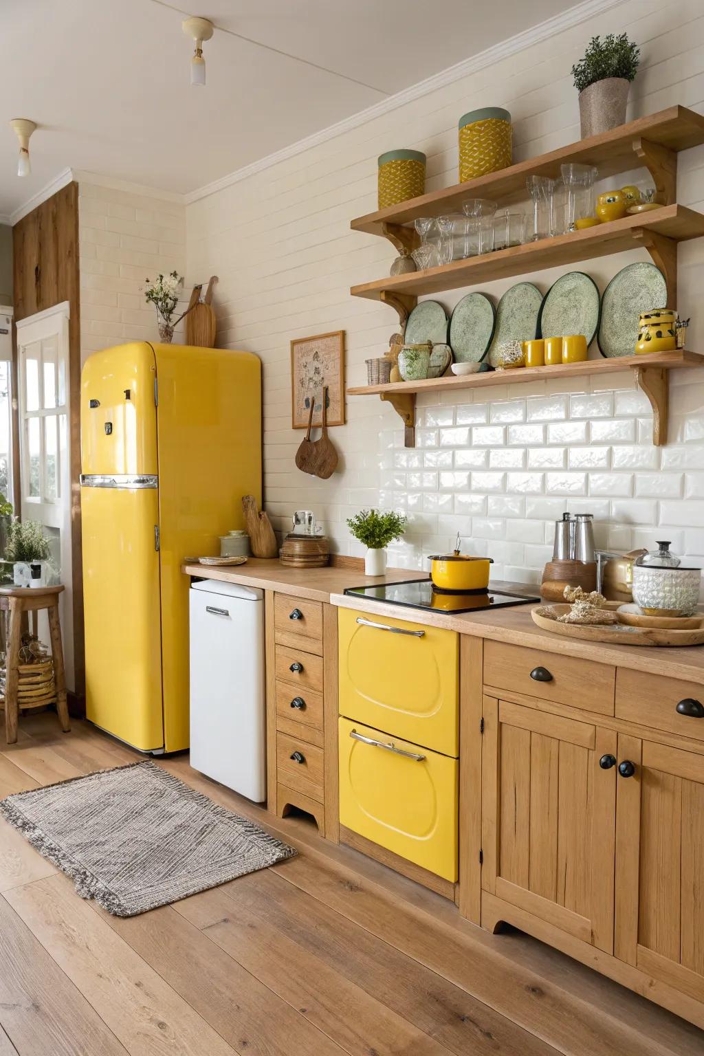Yellow and timber create a warm, balanced kitchen atmosphere.