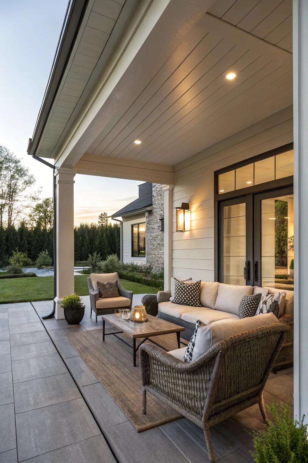 A cozy seating area makes the porch a perfect retreat.