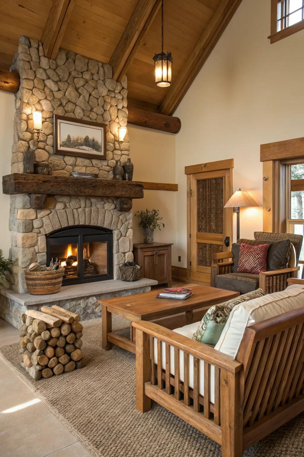 Rustic wood brings warmth and nature above the fireplace.