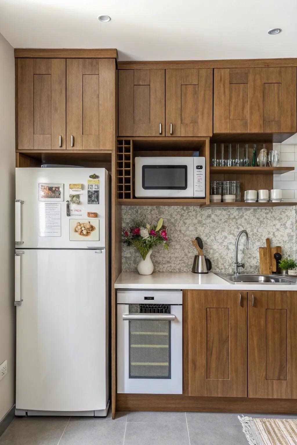 A microwave spot makes the most of space in the kitchen.