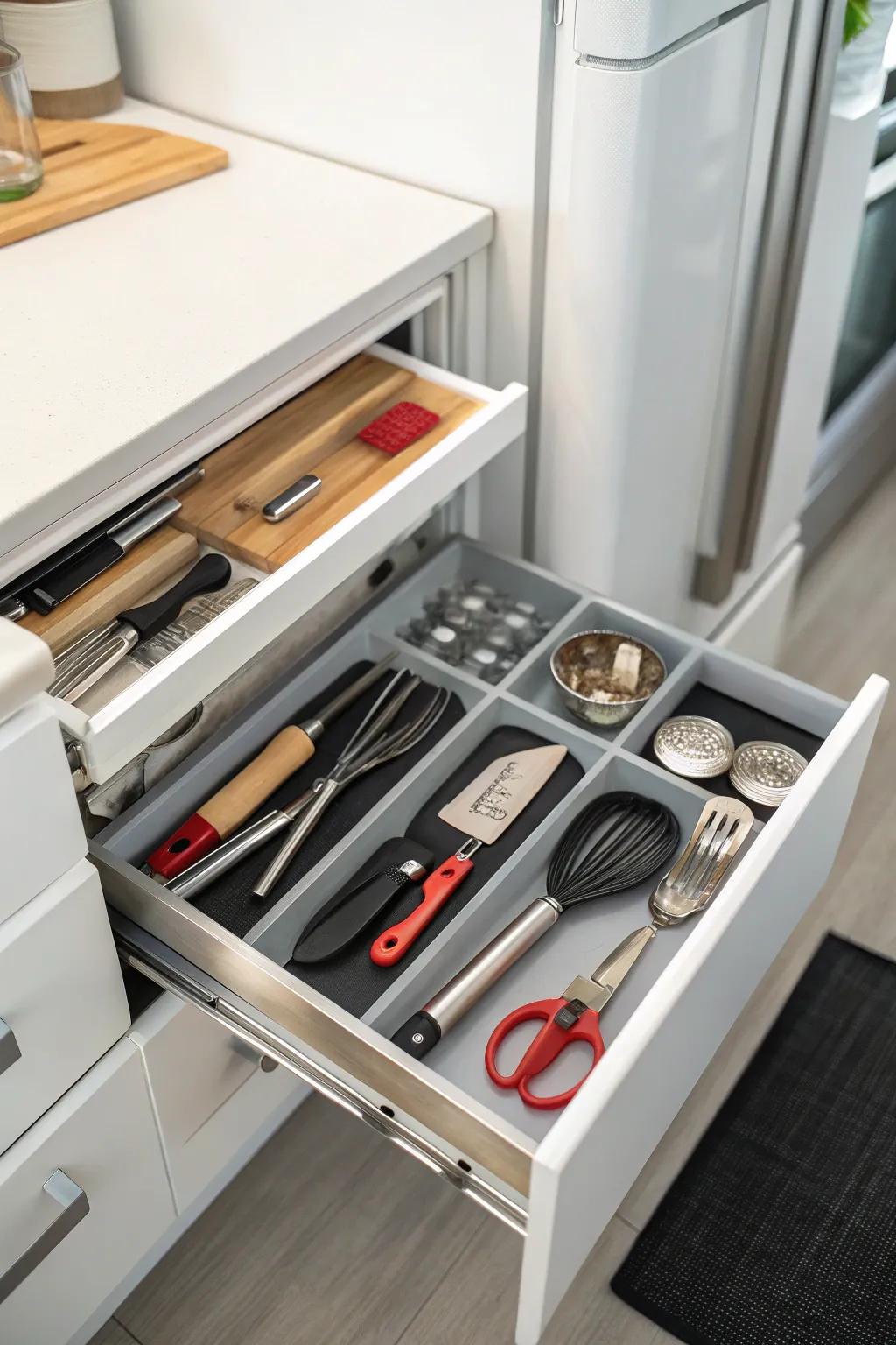 A pull-out drawer above the fridge for convenient storage.