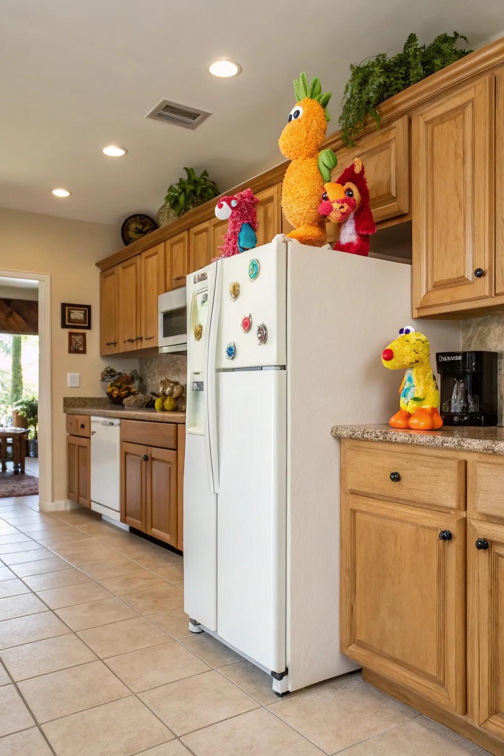 Dolls add a burst of color and whimsy above the refrigerator.