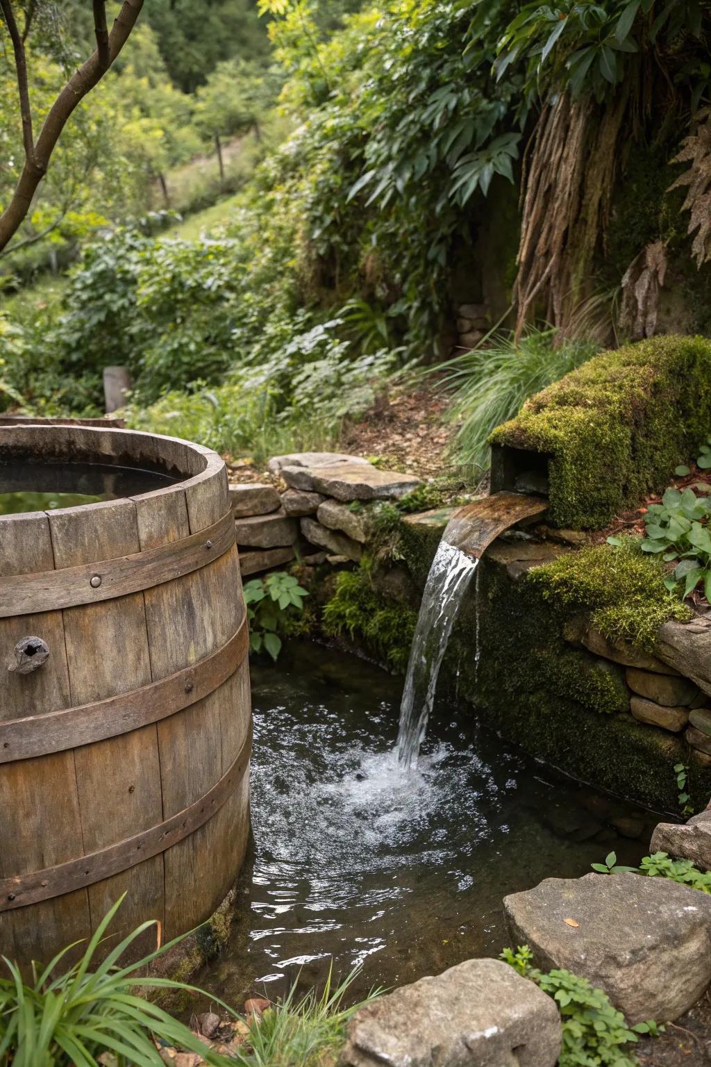 A wooden barrel pond adds rustic charm with its unique design.