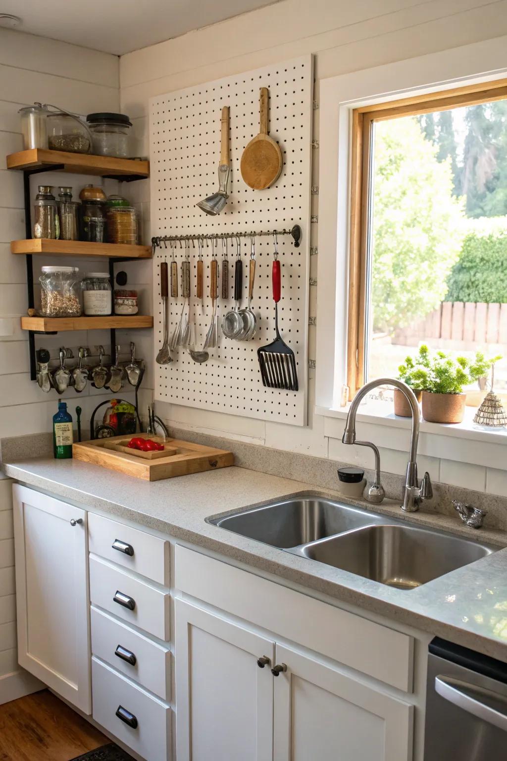 Pegboards offer customizable storage and creative flair.