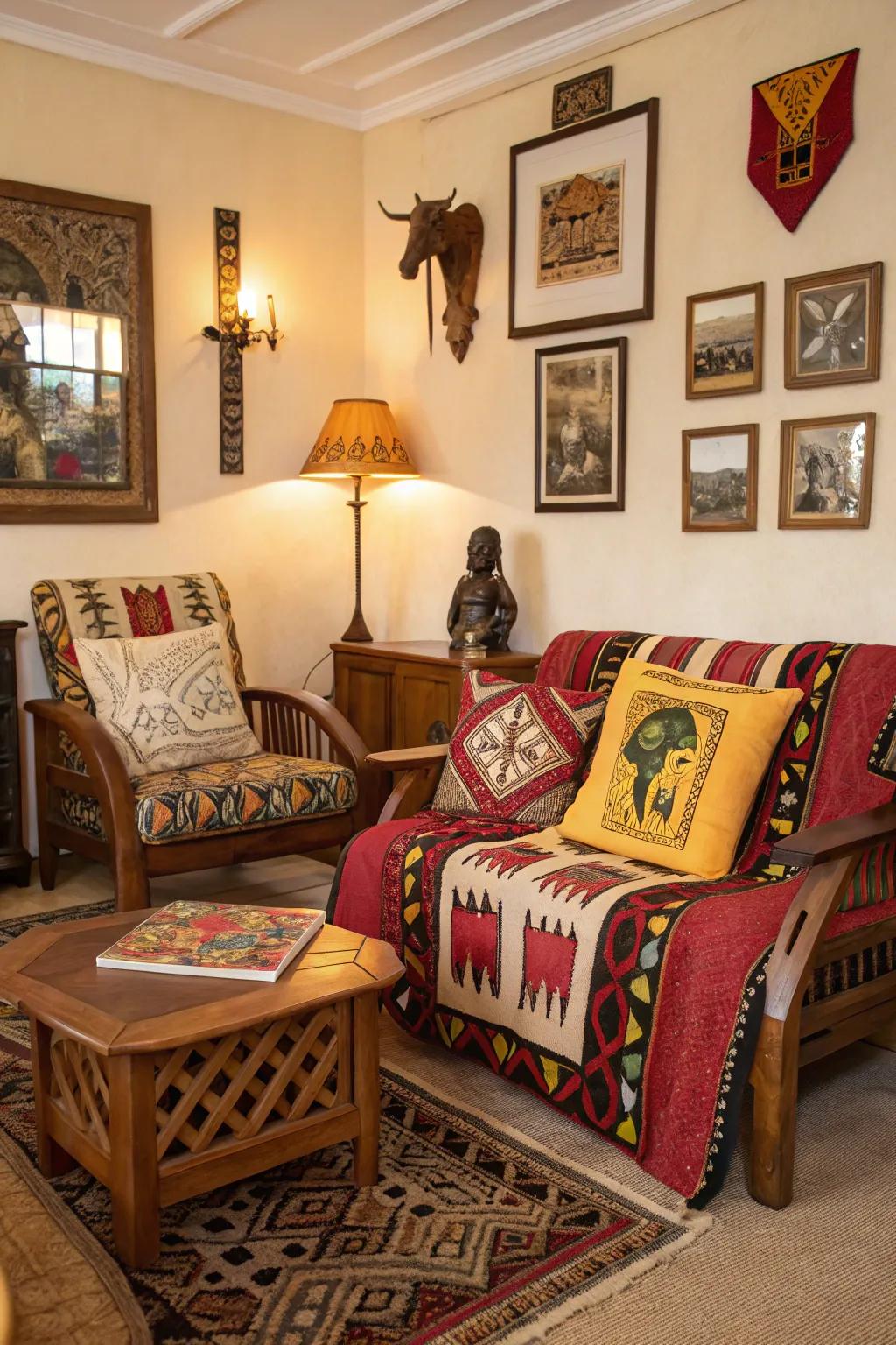 Cultural symbols in textiles personalize and enrich the living space.