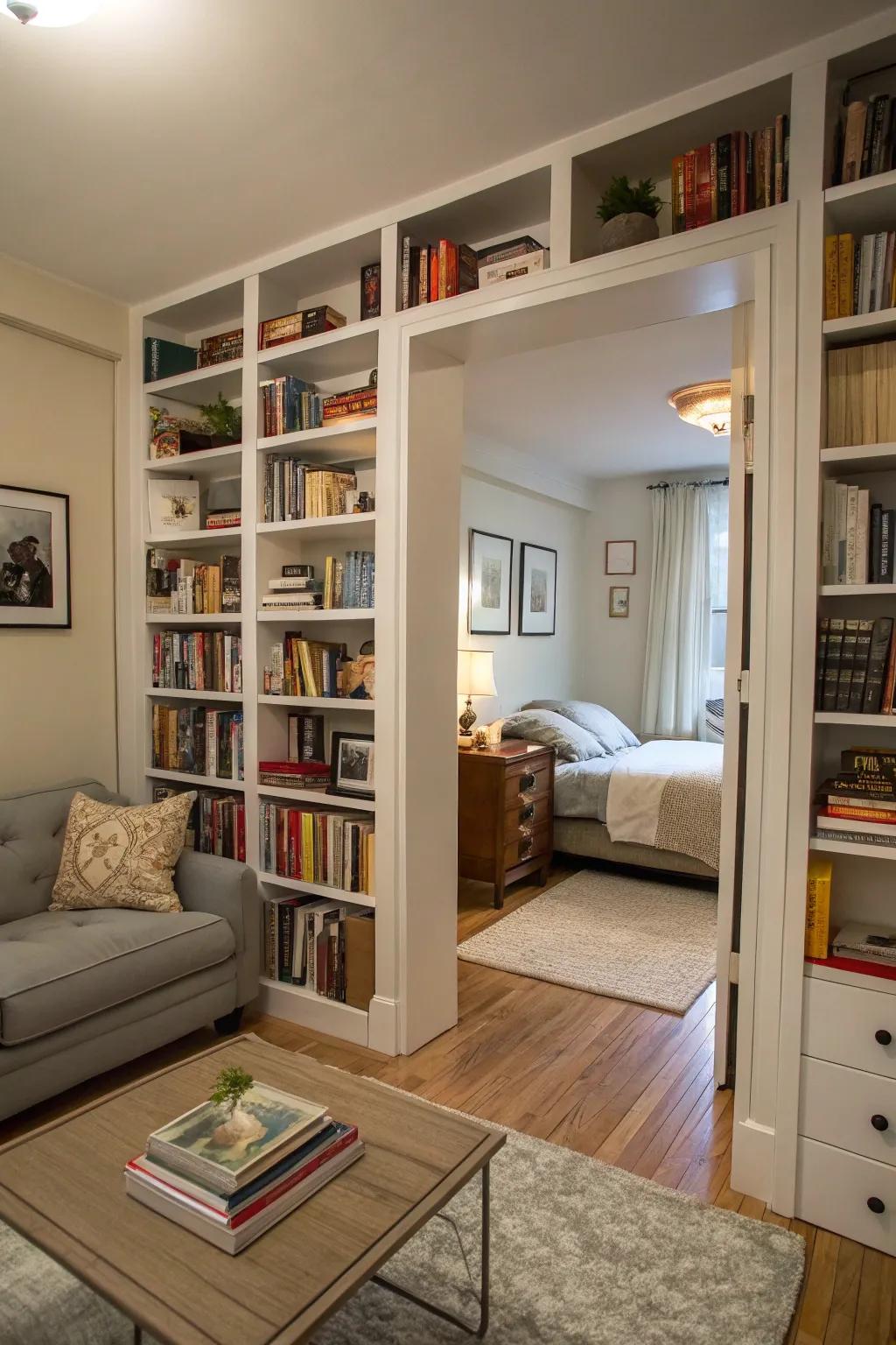 Bookshelves can divide spaces while providing valuable storage.