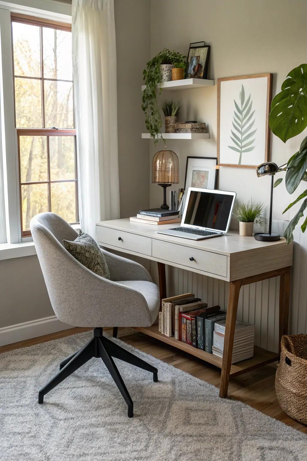 A stylish home office nook seamlessly integrated into the living room.