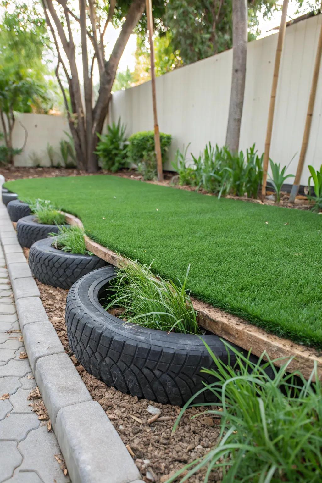 Recycled tires offer a sustainable garden edge.