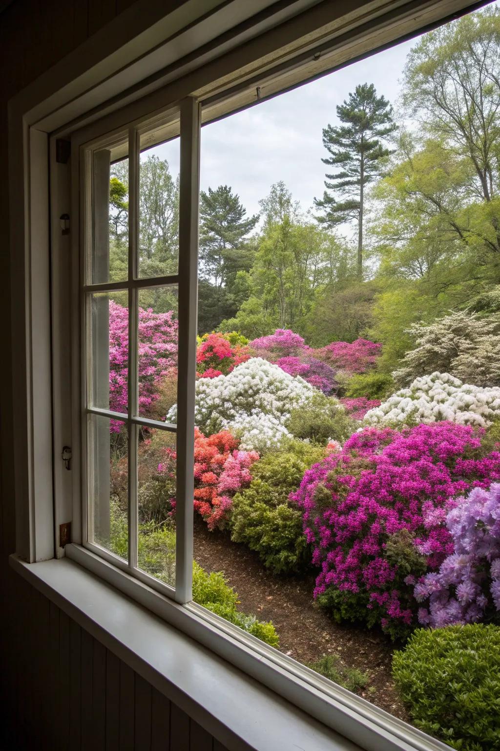 A window view enhanced by the vibrant blooms of azaleas.