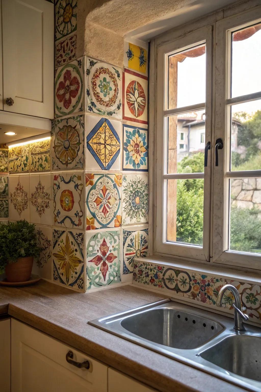 Hand-painted porcelain tiles turning a kitchen window into art.