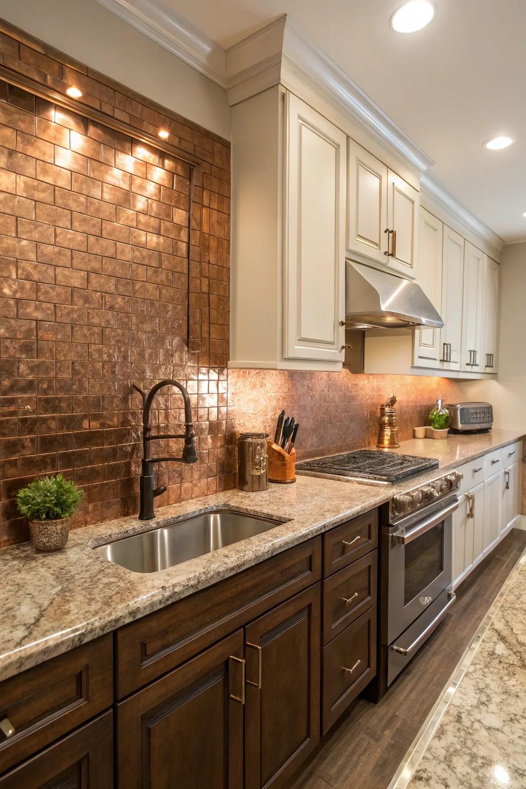 Heat-toned panels bring warmth, enhancing the earthy tones of fantasy brown granite for a welcoming kitchen.