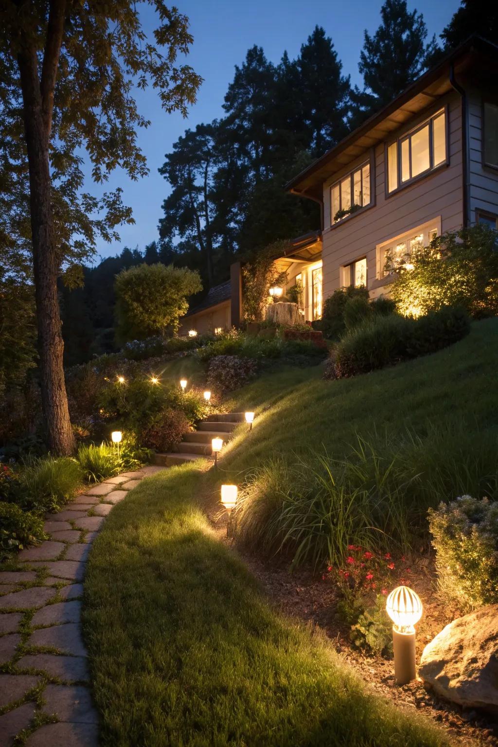 Enchanting lighting brings your hill to life after dark.