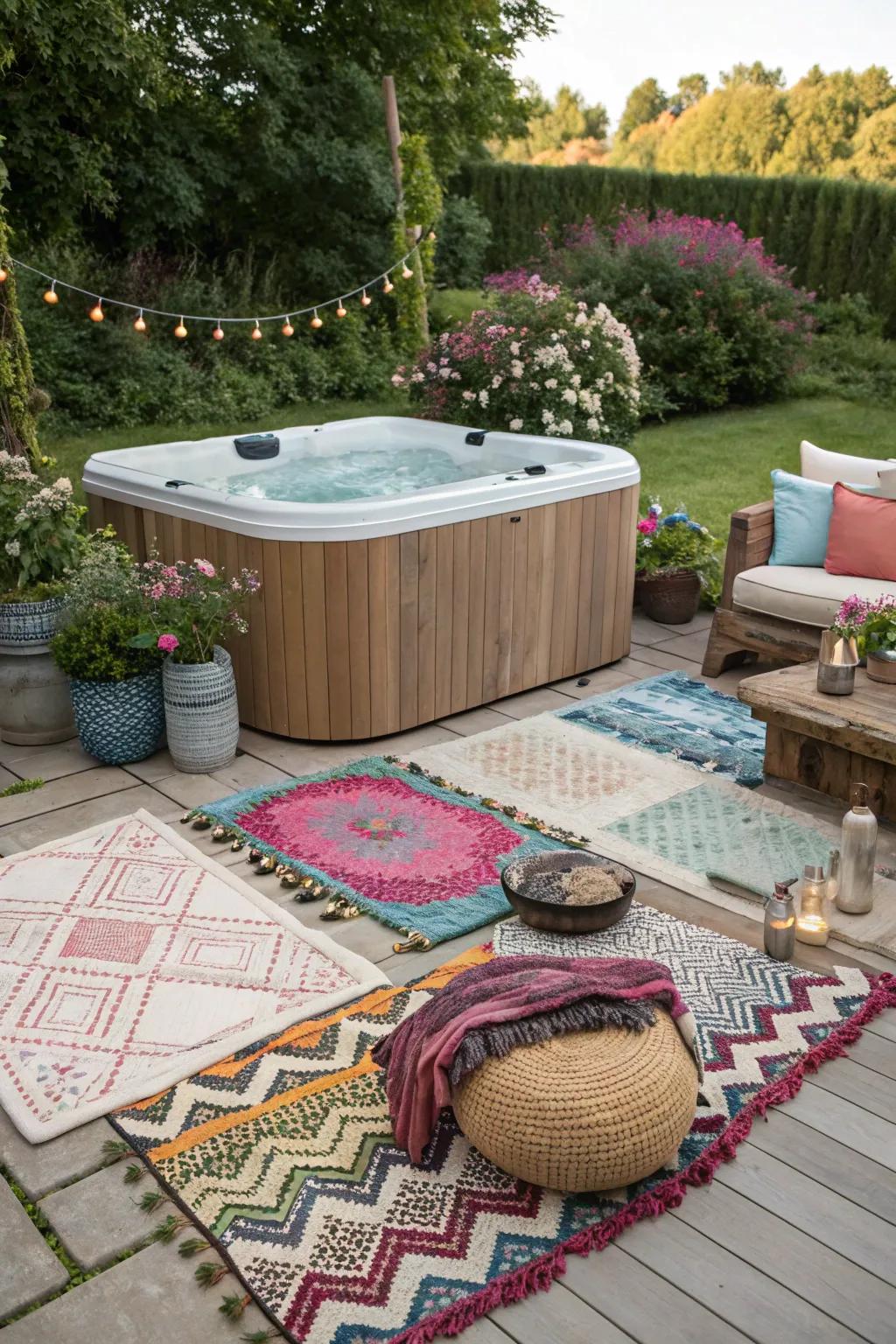 Outdoor rugs and cushions create a cozy and inviting private hot tub area.