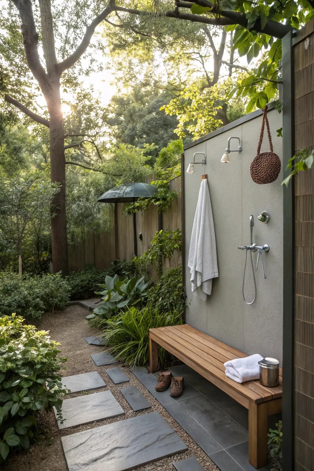 A functional outdoor shower equipped with practical accessories.