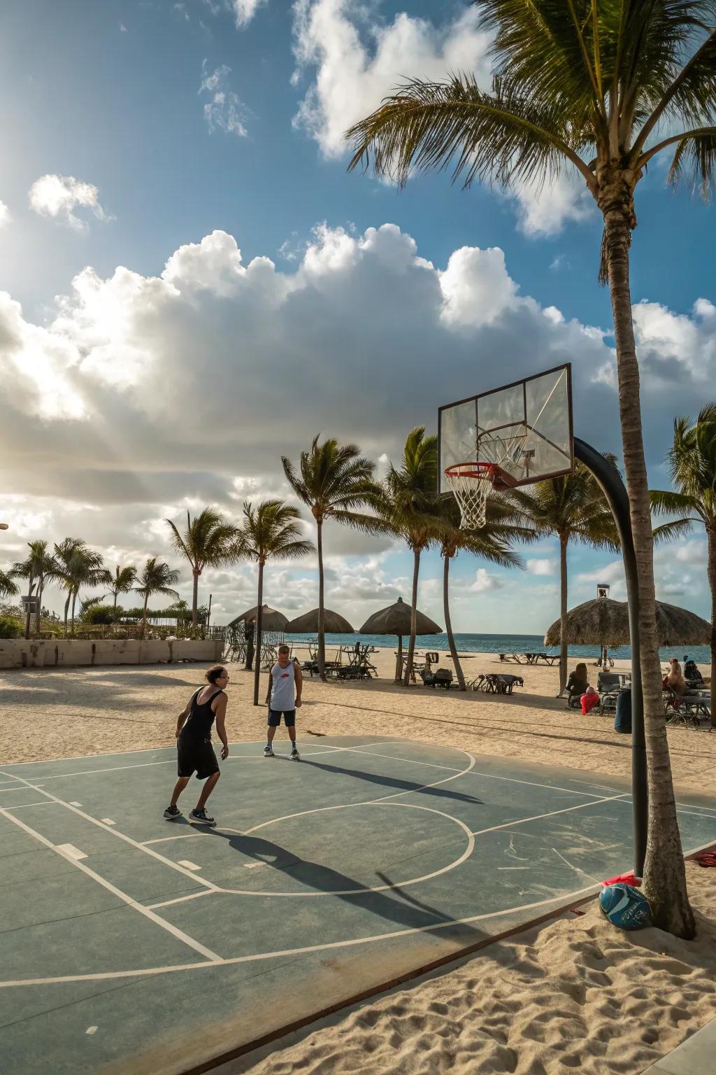 Enjoy sun, sand, and sport with a seaside basketball area.
