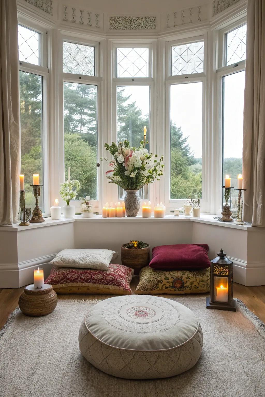 A mindfulness zone in the bay window offers a serene retreat within your home.