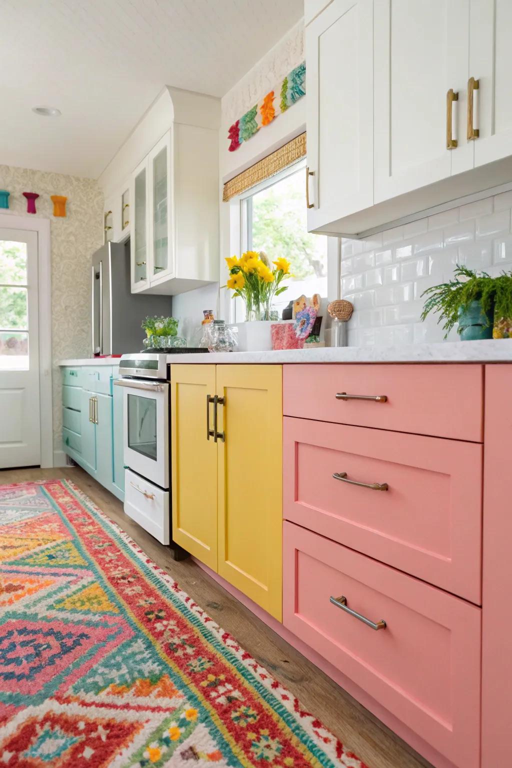Bold colored handles add personality and vibrancy to shaker cabinets.