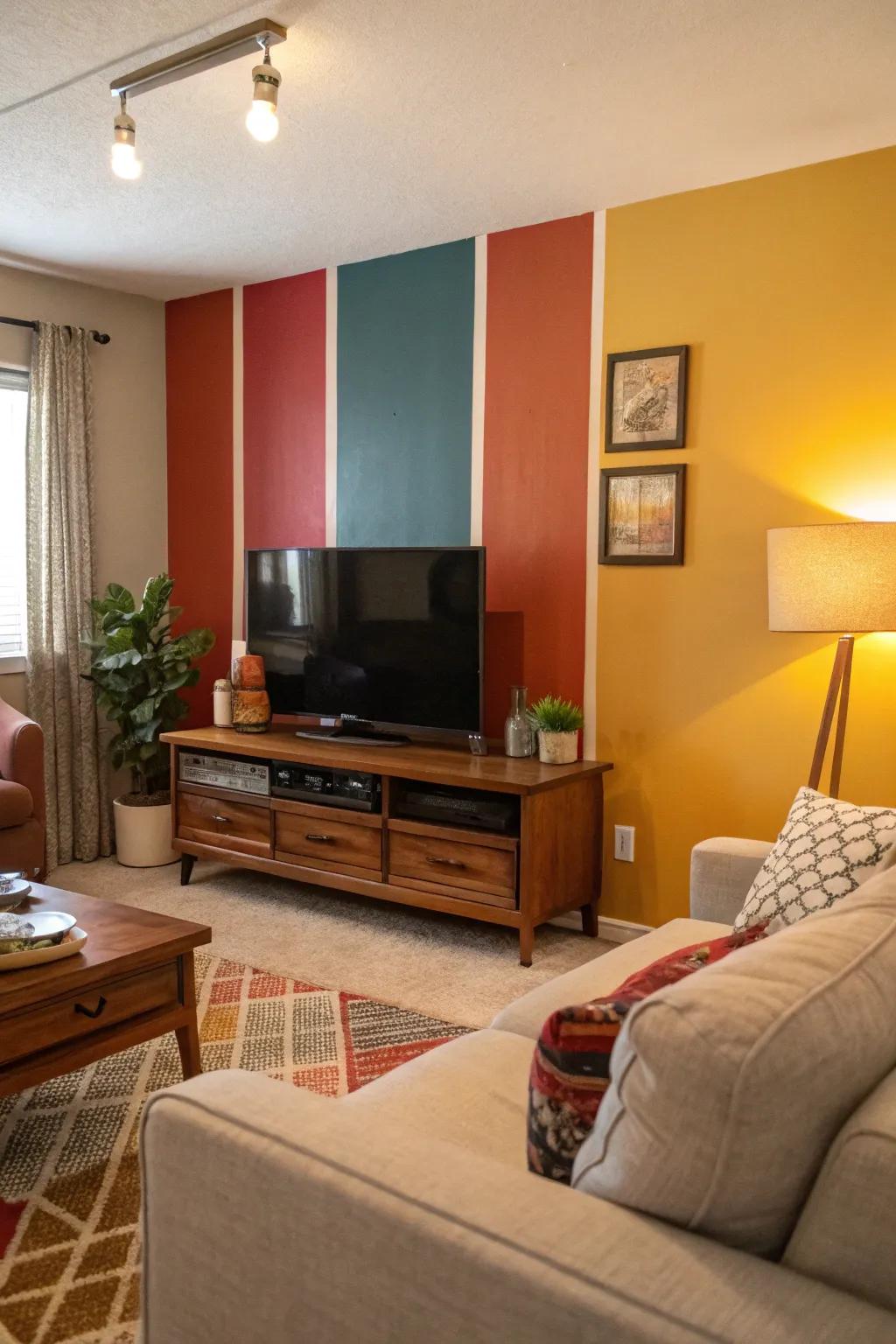 A color block wall makes the TV a standout feature.